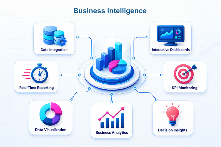 Business Intelligence modules for data integration, interactive dashboards, real-time reporting, KPI monitoring, visualization, analytics and decision insights