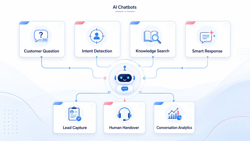 AI chatbot modules for intent detection, knowledge search, smart responses and human handover