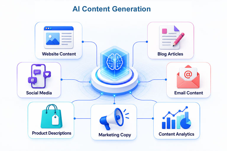 AI Content Generation modules for websites, blogs, social media, email, product descriptions, marketing copy and analytics