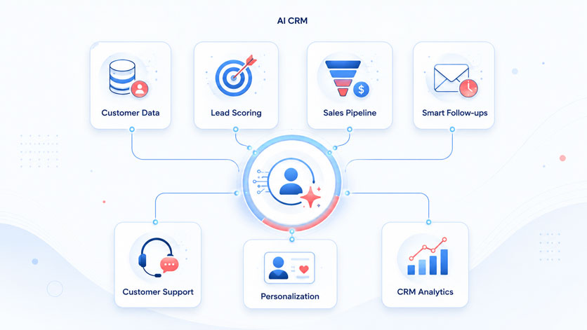 AI CRM modules for customer data, lead scoring, sales follow-ups and analytics