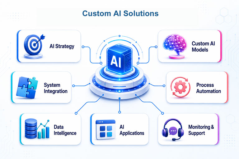 Custom AI Solutions modules for strategy, custom models, system integration, process automation, data intelligence, applications and support
