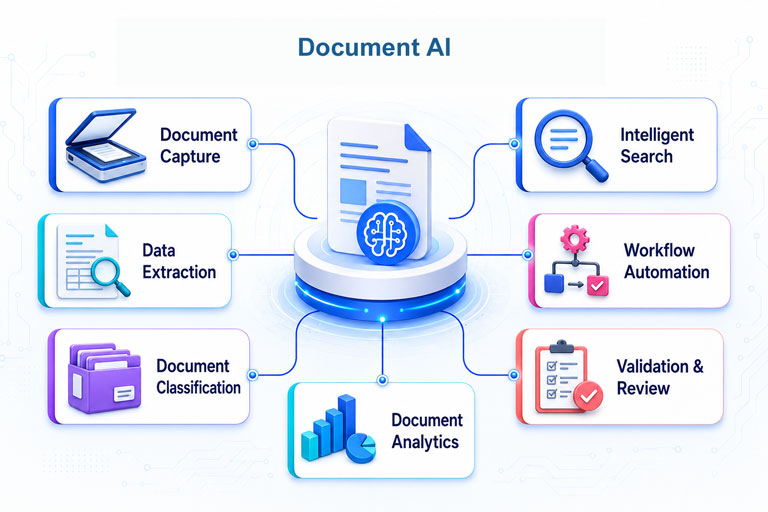 Document AI modules for capture, extraction, classification, intelligent search, workflow automation, validation and document analytics