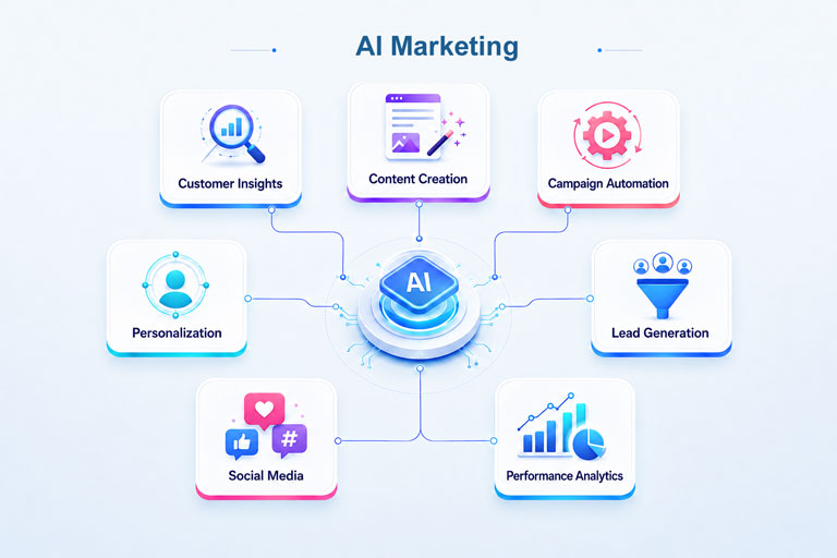 AI Marketing modules for customer insights, content creation, campaign automation, personalization, lead generation, social media and performance analytics