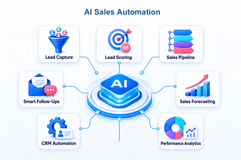 AI Sales Automation modules for lead capture, lead scoring, sales pipeline, smart follow-ups, sales forecasting, CRM automation and performance analytics