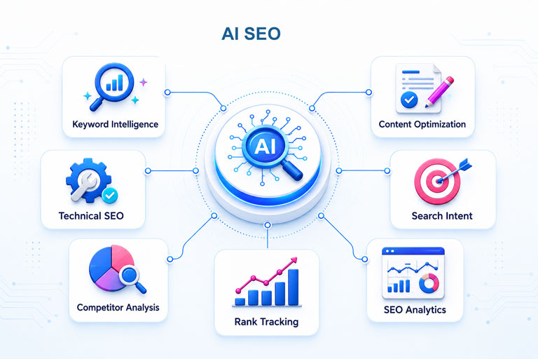 AI SEO modules for keyword intelligence, content optimization, technical SEO, search intent, competitor analysis, rank tracking and SEO analytics