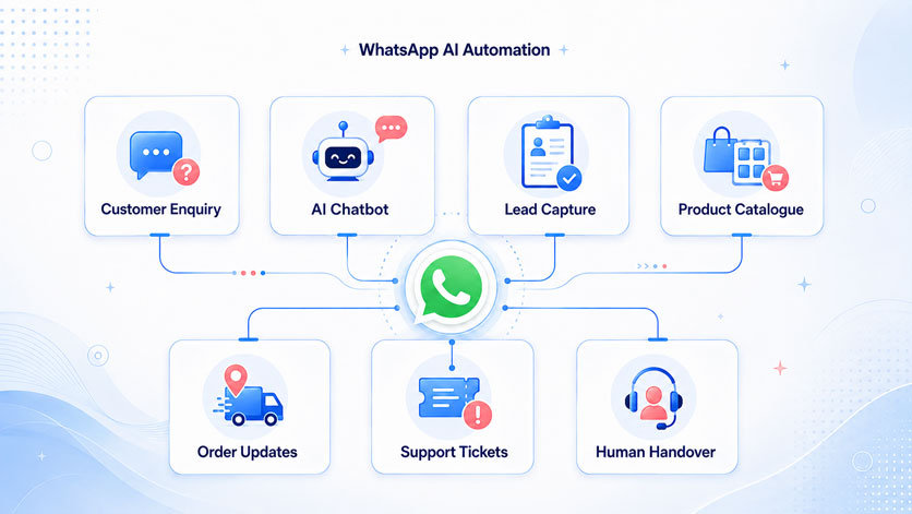 WhatsApp AI automation modules for customer communication, leads, orders and support